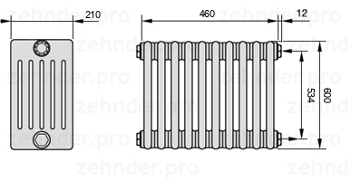 Схема (чертеж) Радиатор Zehnder Charleston 6060/10 №7610 Белый глянцевый RAL 9016